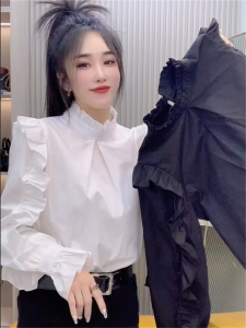 Elegant Long Sleeve Stand Collar Lace Trim Shirt Womens Design Sensation Ageless Chic Versatile Slimming Top Korean Style