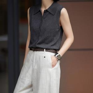 Basic House | Grey Wool Blend Sleeveless Polo Neck Summer Knit Top