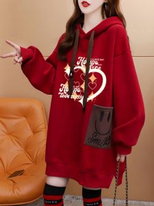 เสื้อสเวตเตอร์มีฮู้ดผ้าขนแกะหนาสำหรับผู้หญิงไซส์ใหญ่ ทรงหลวม แขนยาว ปกติ คอตั้ง แฟชั่นฤดูหนาว สีแดง เสื้อคลุมกันหนาว