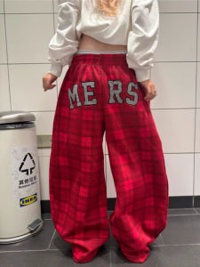 กางเกงขายาวทรงตรงสีแดงสไตล์อเมริกันย้อนยุคสำหรับผู้หญิง กางเกงขายาวทรงหลวมสำหรับเต้นรำในฤดูใบไม้ผลิและฤดูใบไม้ร่วง