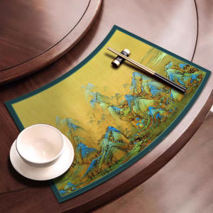 New Chinese Style round Table Mat Full Scroll Thousand Miles Mountain River Leather Waterproof Oil Resistant Bowl Plate Mat