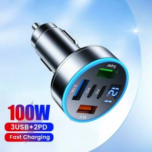 Bộ Sạc Ô Tô USB C 100W 5 Cổng Sạc Nhanh Với 3 Cổng USB Và 2 Cổng PD Type C Dành Cho Điện Thoại iPhone Huawei Samsung Xiaomi