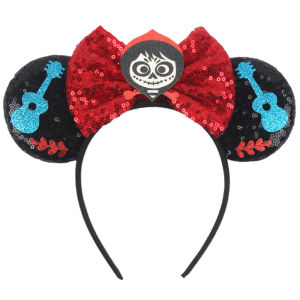 Disney Coco Mickey Mouse Ears Headband Festival Party Sequins 5 inch Bow Hairband Women Girls Kids Party Hair Accessories Gifts