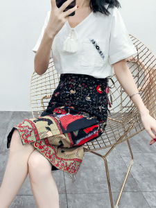 Ethnic Style Cotton Linen Wrap Skirt with Belt Print Travel Vacation Early Spring Womens High Waist A-Line Midi Skirt