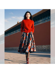 Fashionable Red Sweater Set for Women Vintage Style Ideal for Chinese New Year Snake Year High Waist A-Line Skirt Two-Piece Suit