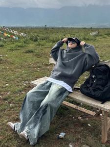 กางเกงยีนส์ขากว้างทรงหลวมสไตล์ย้อนยุคแบบลำลองสำหรับฤดูใบไม้ร่วง/ฤดูหนาว กางเกงยีนส์ทรงหลวมสำหรับผู้ชายและผู้หญิง