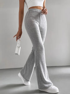 Quần Dài Dệt Kim Màu Trơn Thường Ngày Cho Nữ Quần Dài Ống Rộng Cạp Cao Bằng Polyester Quần Dài Thoải Mái Cho Mùa Xuân