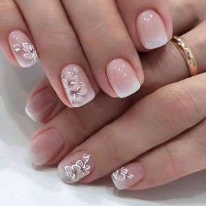 24Pcs/Set Short French Wearing Fake Nails Art Pink Gentle Girl Glitter Pearlized Press on Nail Tips Cute Natural Sweet Ins Style