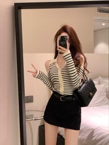 Pure Desire Polo Neck Knitted Open Cardigan Women Early Autumn Korean Style Spicy Shoulder Exposure Slim Fit Inner Wear Sweater