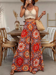 Casual High-Waisted Printed Wide-Leg Pants Womens Polyester Fiber Printed Casual Trousers High Waist Wide Leg Pants