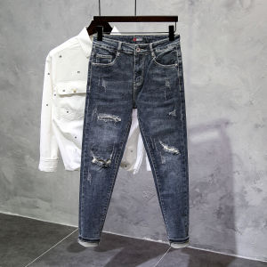 Spring Autumn Mens Slim Fit Jeans Cat Hole High Street Nine Point Pants Versatile Straight Leg Jeans Korean Version