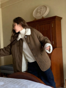 NIHAOKANONG | Áo Khoác Ngắn Dáng Có Cổ Len Nỉ Đệm Lông Cừu Nhiều Túi Lớn Cho Mùa Đông