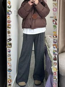 กางเกงขายาวทรงหลวมสีเทาเข้มสำหรับผู้หญิง ทรงเอฟเฟกต์ลูกแพร์ กางเกงขายาวทรงหลวมสไตล์ลำลอง ฤดูใบไม้ผลิและฤดูใบไม้ร่วง