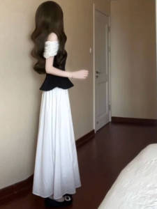 CHANGTONG | Unique Shoulder Baring Two Piece Set Half Skirt Korean Style Summer Collection Non Repeating Pattern Cotton V Neck Ensemble