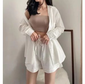 Setelan Kemeja Linen Celana Pendek Wanita/ Set Linen premium