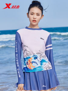 XTEP Womens Two-Piece Swimsuit Summer Slimming Long Sleeve Skirt Style Swimming Costume Professional Sporty Look for Students