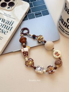 Cute Beaded Heart DIY Mobile Phone Chain Bag Charm Coffee Color Series Unique Personality Keychain Accessory for Mobile Phones