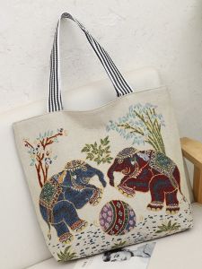 Embroidered Canvas Shopping Bag Fashionable Owl Cartoon Design Single Shoulder Tote Bag Soft Cotton Material Zipper Closure