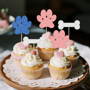 YOMDID 24Pcs Dog Birthday Cake Toppers Glitter Puppy Paw & Bone Cupcake Toppers Pet Dog Cupcake Picks Birthday Cake Decoration