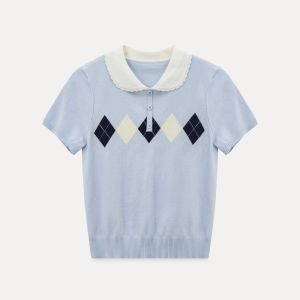 Lattice Collar Short Sleeve Skinny Light Knit Top