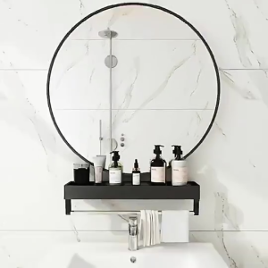 【Zivon】Round Bathroom Mirror With Rack Wall Mounted Metal Makeup Mirror With Shelf For Toilet Waterproof