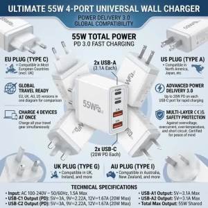 Củ Sạc USB Thông Minh PD3.0 TYPE-C 55W Sạc Nhanh Với 4 Cổng Dành Cho Điện Thoại Máy Tính Bảng Máy Ảnh Có Phích Cắm EU UK AU US