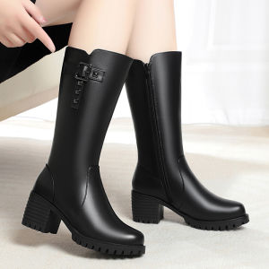 Real Leather Wool Mid-Calf Boots Women Winter Middle-Aged Mom Shoes Long Boots Medium Heel Thickened Fur Lined High-Cut Cotton Boots
