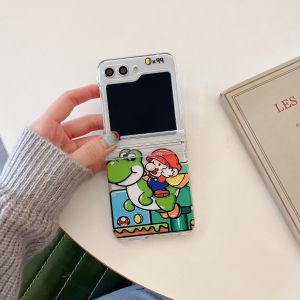 Transparent Folding Screen Frog Mario Phone Case for Samsung ZFlip6/5/4/3 Full Cover Protective Shell with Handheld Rope Cute Cartoon Style