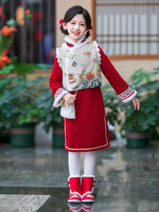 ชุดกี่เพ้าเด็กผู้หญิง ชุดกี่เพ้าฤดูหนาว สีแดง เด็กผู้หญิง ชุดเจ้าหญิง เด็กชาย เด็ก ชุดกี่เพ้าผ้าฝ้ายโพลีเอสเตอร์