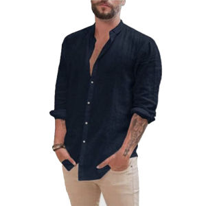 Mens Summer Casual Long Sleeve Cotton Linen Pure Color Shirt Stand Collar Open Cardigan Breathable Moisture Wicking Regular Fit