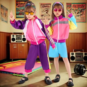 Tracksuit for Girls 80s 90s 2Pcs Street Hip Hop Dance Costume Colorblock Jacket for Retro Theme Party 4-10Years