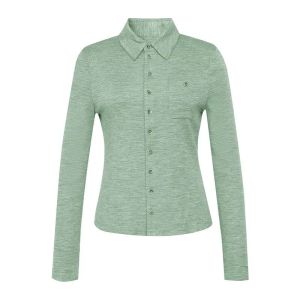 เสื้อเชิ้ตผู้หญิงทรงเข้ารูปคอปกพับแขนยาวผ้าขนสัตว์ฤดูใบไม้ผลิ 2025 เสื้อเชิ้ตคอโปโลสีพื้นแบบมีซิปด้านหน้า