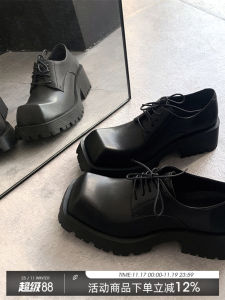 High Quality Mens Derby Shoes with Lift Front Square Head Thick Bottom Casual Leather Shoes Korean Style Flat Heel Rubber Sole