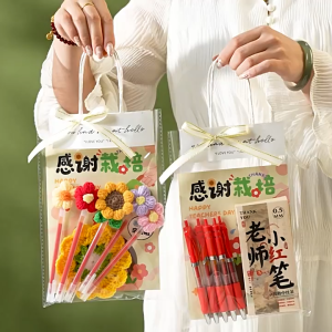 【SG Stock】Handmade Crochet Flower Teachers Day Gift Pack Sunflower Red Pen & Thank You Greeting Card Present
