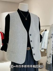 เสื้อกั๊กสีพื้นคอวีแขนกุดสำหรับผู้หญิง เสื้อคลุมกันหนาวบางๆ ฤดูใบไม้ผลิและฤดูร้อน แฟชั่นสำหรับใส่ด้านนอก