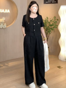 plus Size Womens Fashion Suit Set Slimming Straight Leg Pants Short Sleeve Blouse Lightweight Summer Outfit Polyester Blend