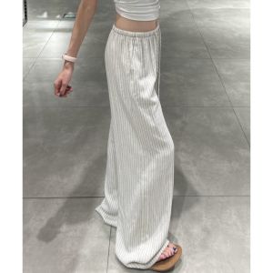 High Waist Drawstring Drapey Striped Casual Pants Womens Loose Slimming Floor-Length Trousers Korean Style Straight Leg Pants