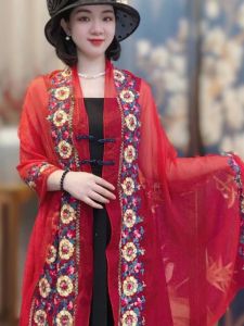 Spring Summer New Style Womens Fashionable Embroidered Glass Lace Shawl Sun Protection Photography Silk Scarf Outerwear Poncho