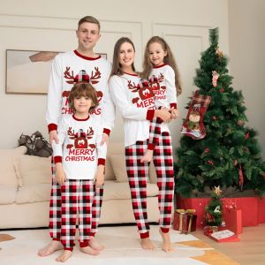 Christmas Family Matching Pajamas Cartoon Reindeer Plaid Sleepwear for Parents And Children Home Clothes Suitable for All Ages