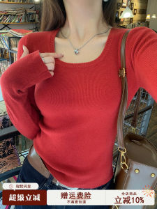 เสื้อชั้นในสีแดงสำหรับผู้หญิง ฤดูใบไม้ร่วง/ฤดูหนาว เสื้อสเวตเตอร์ถักคอเหลี่ยม คอกลม แขนยาว ทรงสลิมฟิต ผ้าฝ้ายผสมโพลีเอสเตอร์