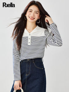 puella | Casual Loose Long-sleeved T-shirt with Naval Collar Stripes