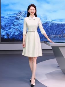 Elegant White Interview Dress with Waist Cinch Doll Collar Formal Occasion Suit Skirt Polyester Fiber Medium Stretch Summer Business
