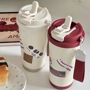 Retro Stainless Steel 316 Coffee Cup Portable Office Water Cup Cute Simple Design Straw Included Outdoor Thermos Beverage Cup