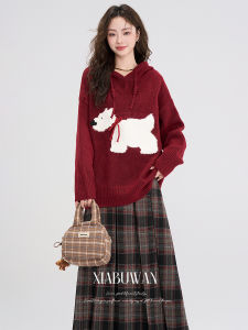 เสื้อสเวตเตอร์มีฮู้ดสำหรับผู้หญิง ชุดสองชิ้น ฤดูใบไม้ร่วง/ฤดูหนาว เสื้อสเวตเตอร์และกระโปรงยาวคลุมเข่า ชุดแฟชั่นสำหรับวันคริสตมาสและปีใหม่