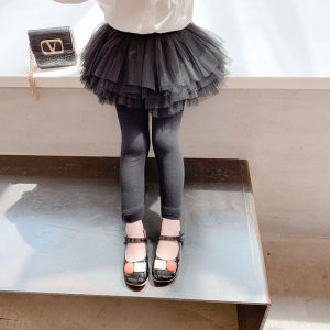Girls Fleece Lined Tulle Skirt Pants High Waist Long Cotton Blend Outerwear Fashionable Baby Kids Spring Autumn Winter