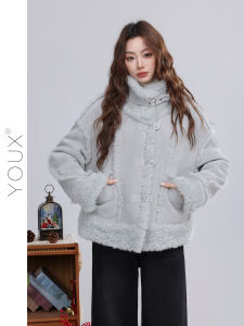 YOUXIANG | Áo Khoác Lông Cừu Xanh Retro Dáng Rộng Cổ Trụ Nữ
