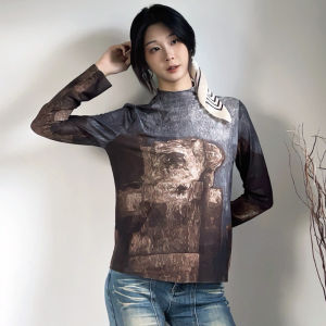 REHIN Chic Printed Mesh Mock Neck Top – Stretchy Long Sleeve Slim Fit Blouse for Women