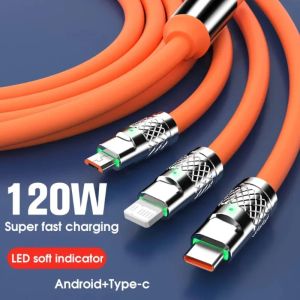 3 in 1 USB Cable 6A 120W USB Cable Fast Charging Data Cord For Iphone Samsung Huawei Xiaomi Multi Port Multiple Charging Wire