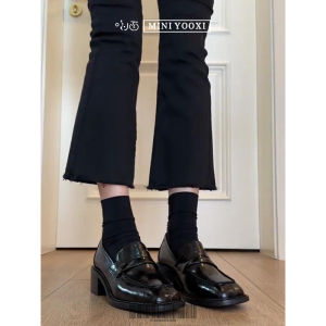 British Style Womens Leather Shoes mid Heel Black Flats Fashionable Spring Summer High Sensation Thick Heel Single Shoes