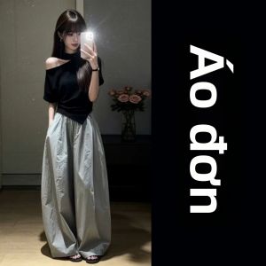 NIUVIES | Bộ Đồ Gồm Áo Thun Quai Ngang Tay Ngắn và Quần Ống Rộng